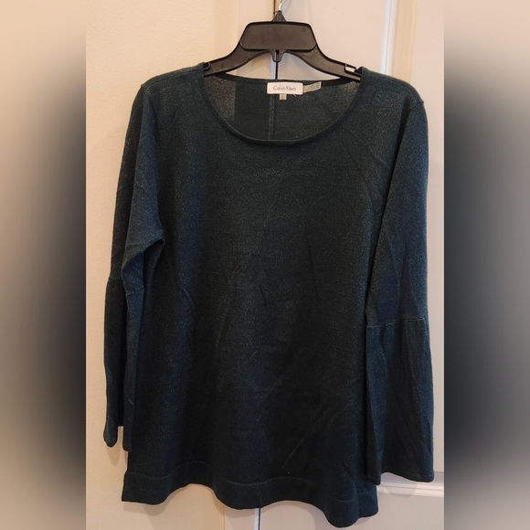 Calvin Klein Tops - Calvin Klein Shimmer Knit Top Large Scoop Neck Long Sleeve Blouse- Hunter Green